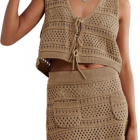 Womens Crochet Swim Cover Up 2 Piece V Nek Sleeveless Tie Crop Top Mini Skirt - Picture 2 of 6